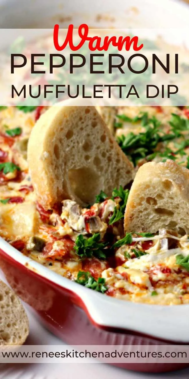 Hot Pepperoni Muffuletta Dip pin for Pinterest with close up of dip with bread dippers inside of it. 