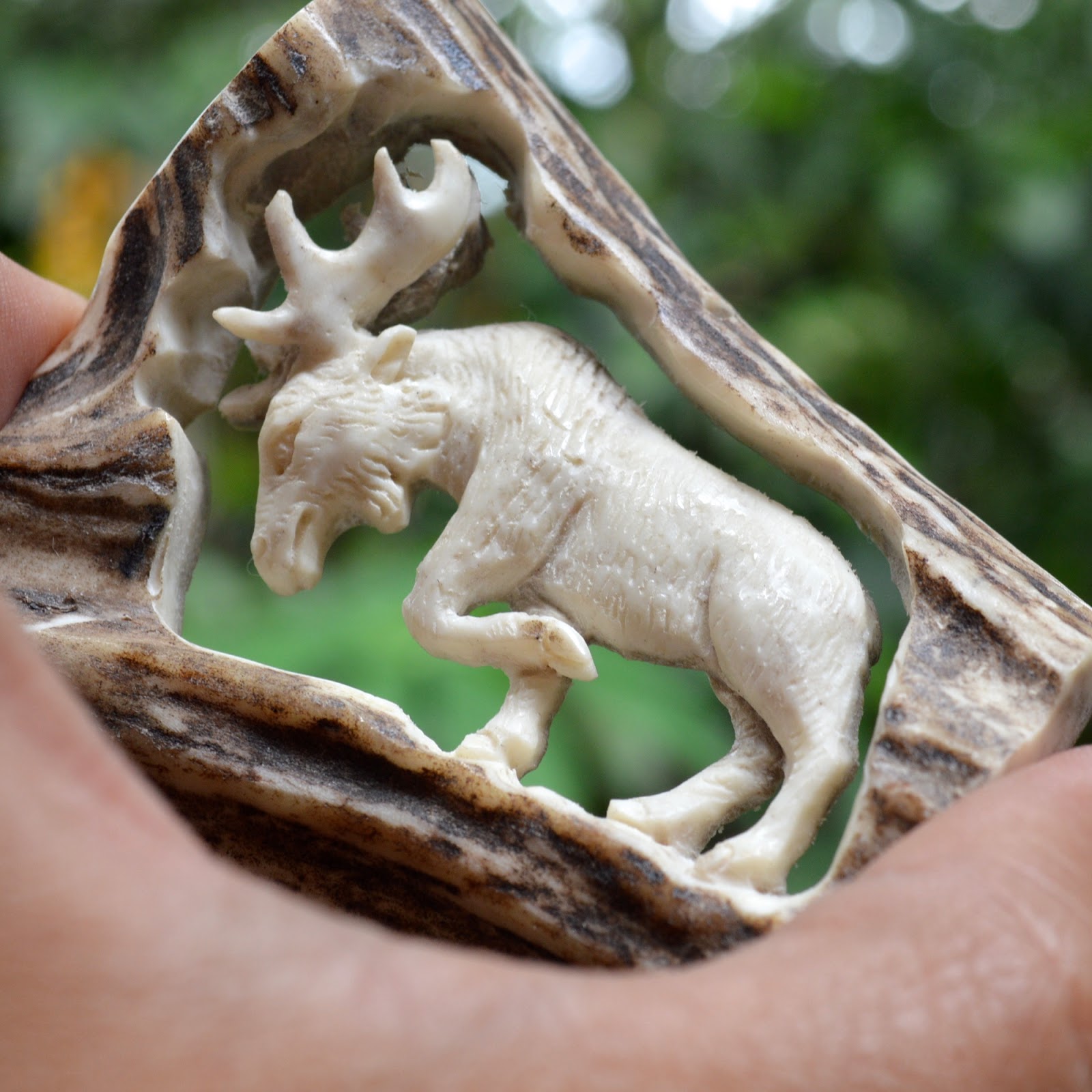 Carved Moose Elk Pendant 3" Natural Deer Antler Carving Bead Carving AP1311