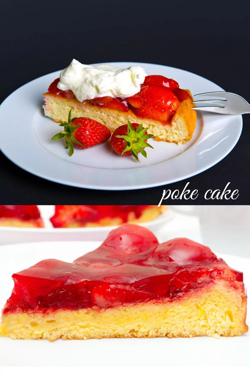two pieces of the strawberry boston cream pie poke cake