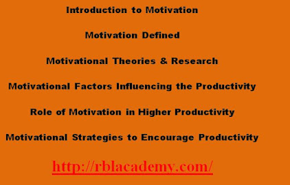McClelland’s Need Theory Maslow’s Hierarchy of Needs Theory Herzberg’s Two-Factor Theory Expectancy theory Equity Theory Goal-setting theory Introduction to Motivation Motivation Defined Motivational Theories & Research Motivational Factors Influencing the Productivity Role of Motivation in Higher Productivity Motivational Strategies to Encourage Productivity http://rblacademy.com/