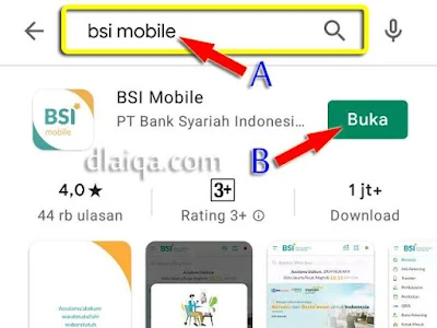 cari aplikasi 'BSI Mobile' (A), lalu tap 'Instal' (B)