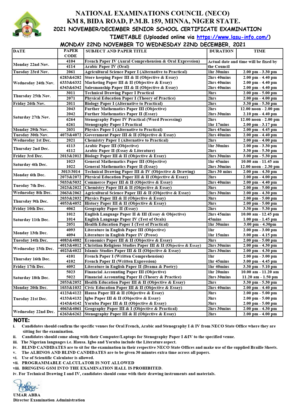 NECO GCE (External) Timetable [22nd Nov - 22nd December 2021]