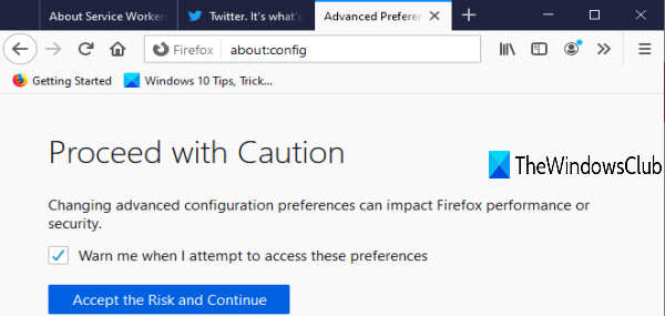 acceder a la página del editor de configuración de firefox