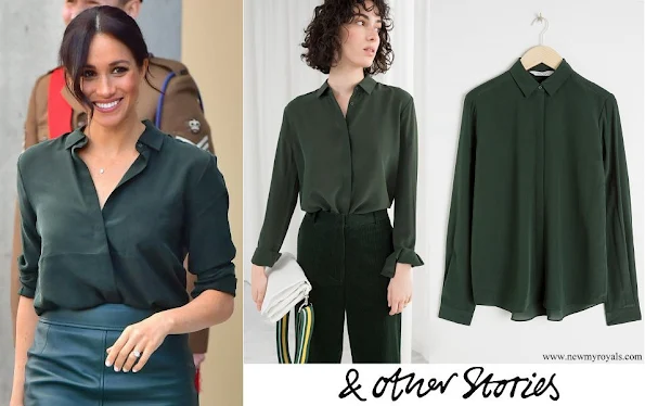 Meghan Markle wore & Other Stories dark green straight fit silk shirt