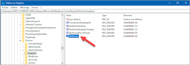 Cacher une partition avec la base de registre Windows 10 Mots-clés : Cacher, masquer, une partition, un lecteur, base de registre, Windows 10, sécurité, administration, trucs, astuces, comment faire, protéger l'ordinateur, valeur NoDrives
