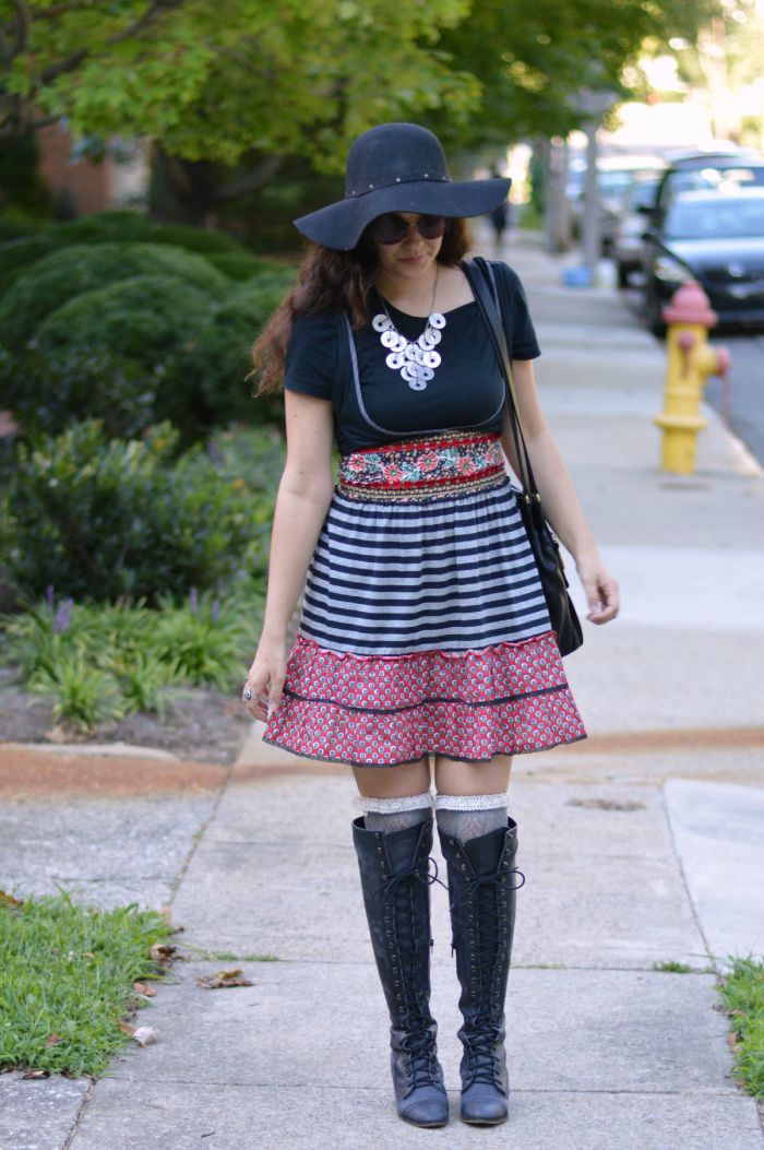 Easy, 70s inspired fall outfit - printed dress with over the knee boots.
