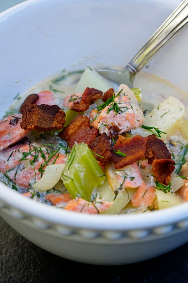 salmon and corn chowder with bacon