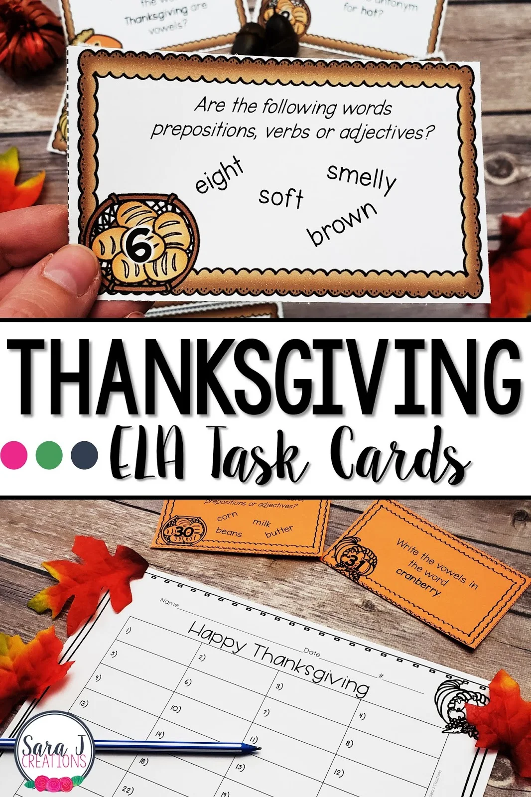 Review parts of speech, punctuation, contractions and more with these Thanksgiving themed ELA task cards. These 32 cards are designed for 2nd grade but could be used with other grade levels too. Also includes recording sheet, answer keys and ideas for use.
