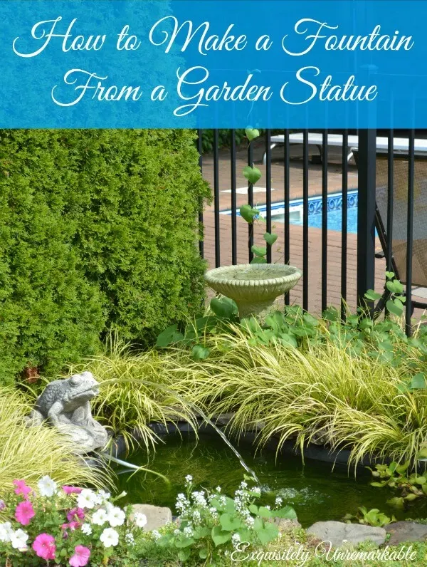 How To Make A Fountain From A Cement Statue words over picture of backyard fish pond