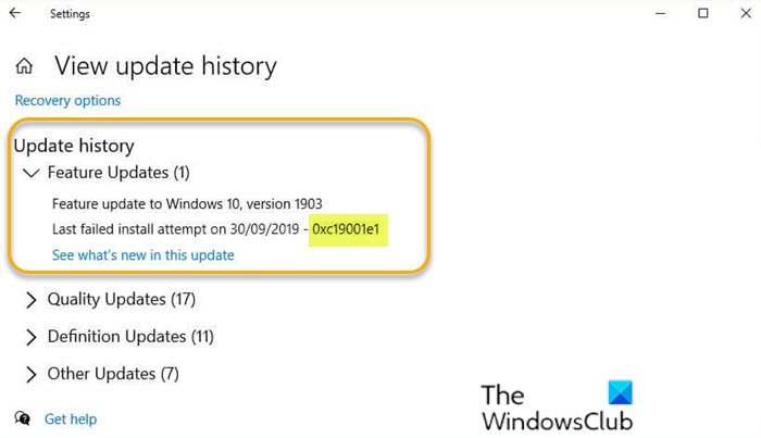 Error de actualización de Windows 0xc19001e1