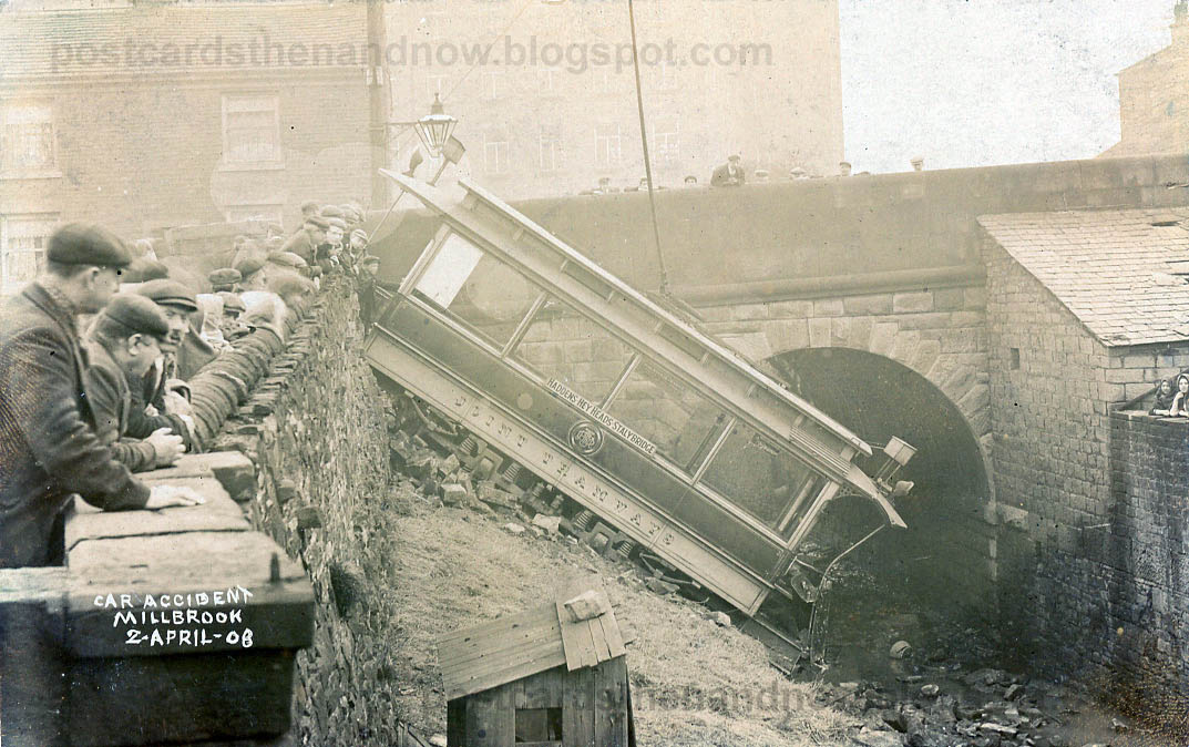 Postcards Then and Now Tramcar accident, Millbrook, Near Stalybridge