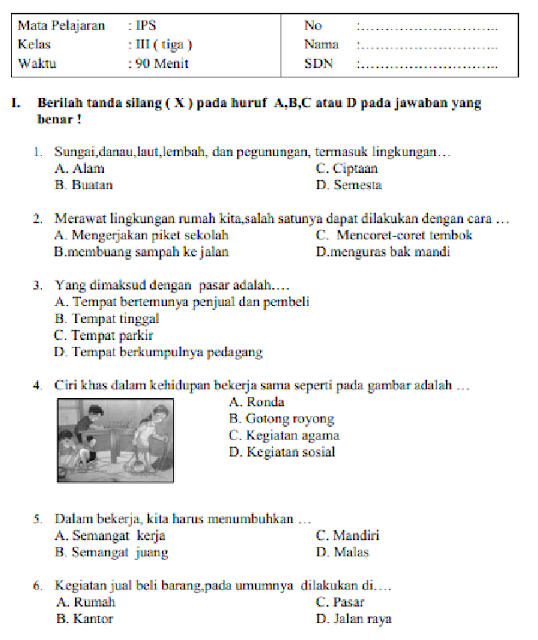 SOAL DAN JAWABAN LATIHAN UKK UAS PAT IPS SD/MI KELAS 3