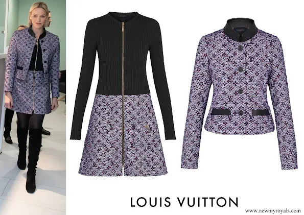 Princess Charlene wore Louis Vuitton lurex monogram tweed fitted jacket and bi-material dress