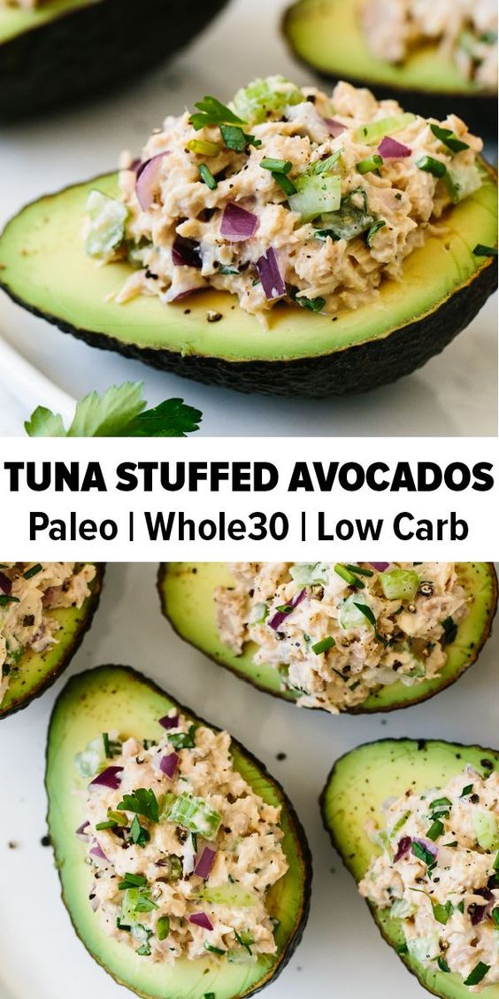 A simple combination of tuna salad and avocados makes for a healthy lunch recipe. #stuffedavocados #whole30recipes #lowcarb #keto #paleo