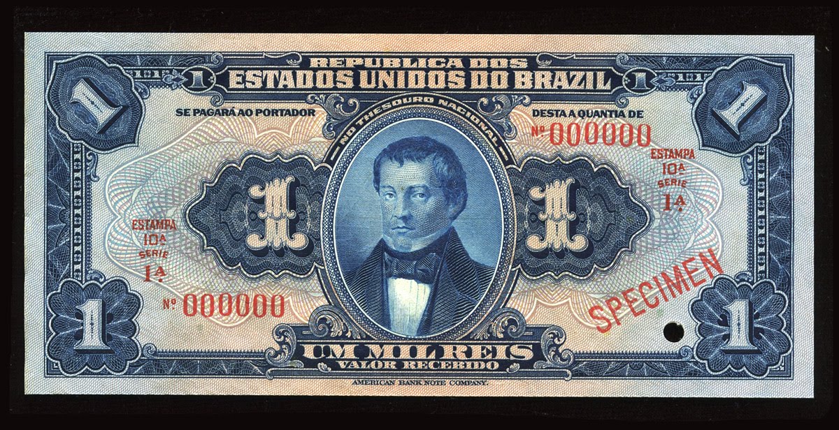 Brazilian banknotes 1 Mil Reis banknote of 1919 Diogo Antonio Feijo