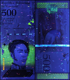 Venezuela Currency 500 Bolivares Soberanos banknote 2018 under ultraviolet light