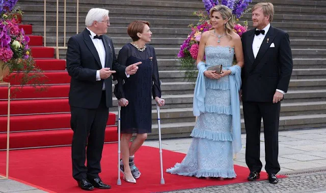 Queen Maxima wore a gown by Valentino,  The Queen had worn the dress first in 2011 for visit Monaco. Belle Epoque necklace