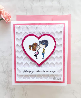 hunky dory stamps - love is in the air, love card, quillish, cards by Ishani, anniversary card, heart die, kiss card