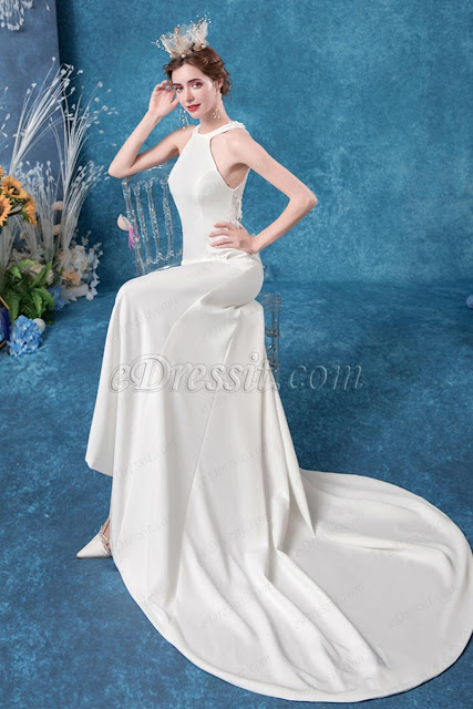 halter lace wedding dress with long tail