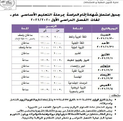 محافظة الجيزة:إعتماد جداول امتحانات الفصل الدراسى الأول للعام الدراسى 2020-2021