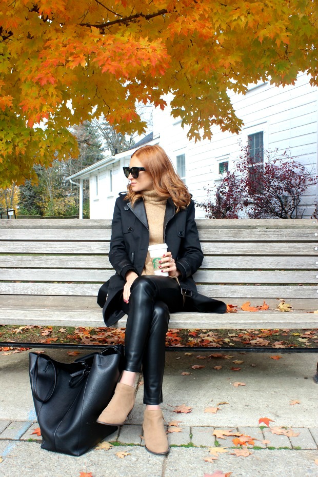 Black and camel fall outfit- turtlenecks and trench coats 