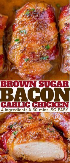 Bacon Brown Sugar Garlic Chicken, the best chicken you'll ever eat with only 4 ingredients. Sticky, crispy, sweet and garlicky, the PERFECT weeknight meal.