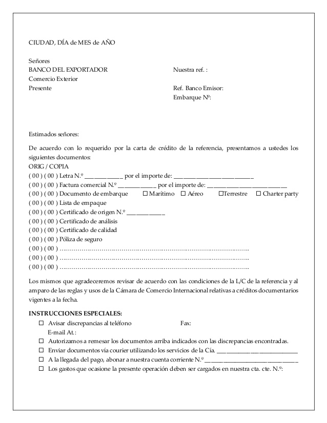 Carta de crédito: Modelo de carta para la presentación de documentos de  embarque | DIARIO DEL EXPORTADOR