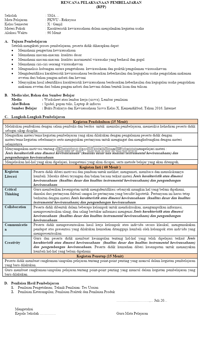 Rpp 1 Lembar PKWU Kelas X SMA Tahun 2021/2022 Guru Baik