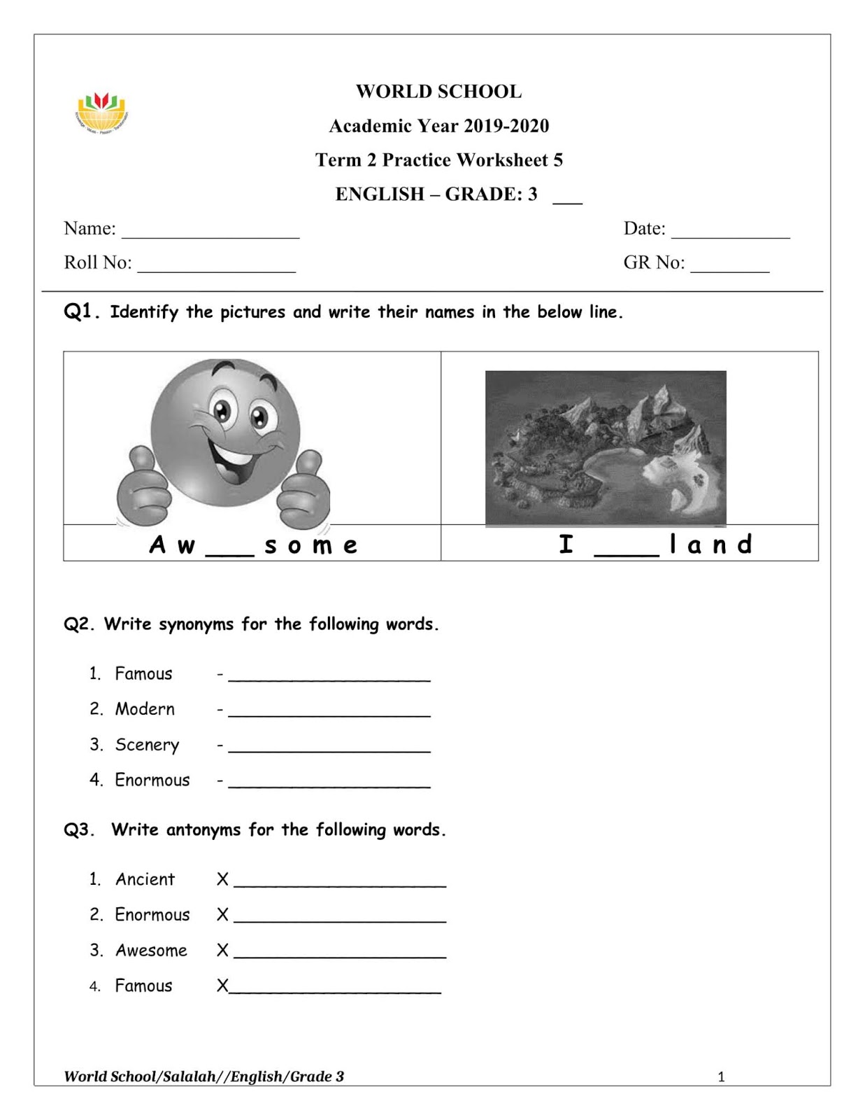 Birla World School Oman: Homework for Grade 3 as on 26/03/2020