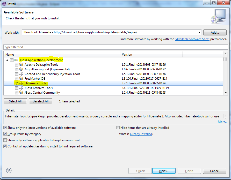 J2Yogi Step by step Installation of JBoss Tools Hibernate plugin in