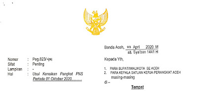 Surat Gubernur Aceh Tentang Usul Kenaikan Pangkat PNS Periode 01 Oktober 2020