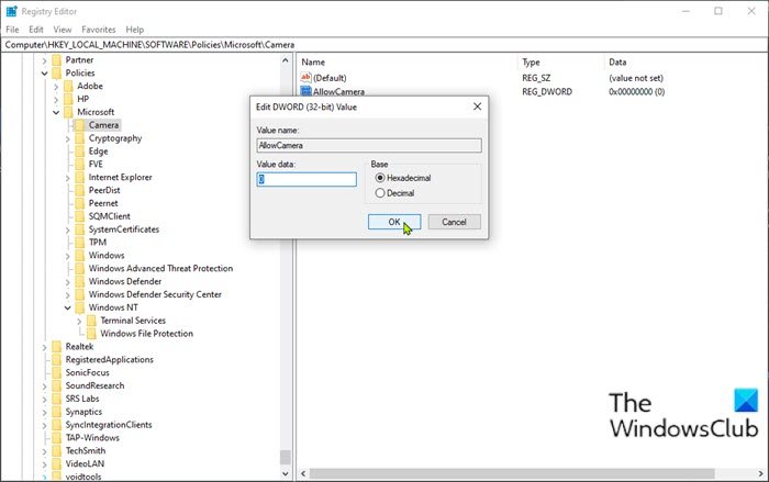 Désactiver la caméra sur Windows 10-Registry Editor