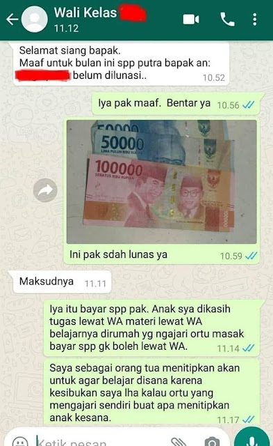 Bikin Geleng Kepala, Efek Sekolah Online, Bayar SPP Juga Online Via WA, Ini Kelakuan Orang Tua Siswa Saat Ditagih Biaya SPP Sekolah Anaknya