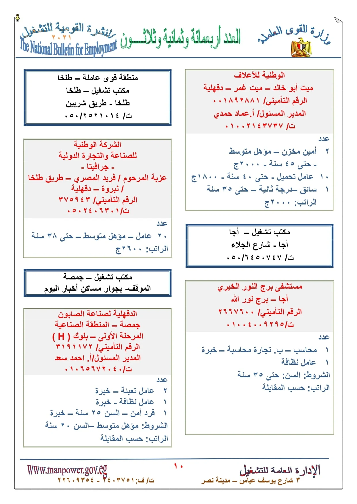 بمرتب 9 الاف جنية.. الاعلان عن وظائف خالية بـ وزارة القوى العاملة جميع المؤهلات والتخصصات نشرة سبتمبر واكتوبر 2021 في المحافظات المصرية