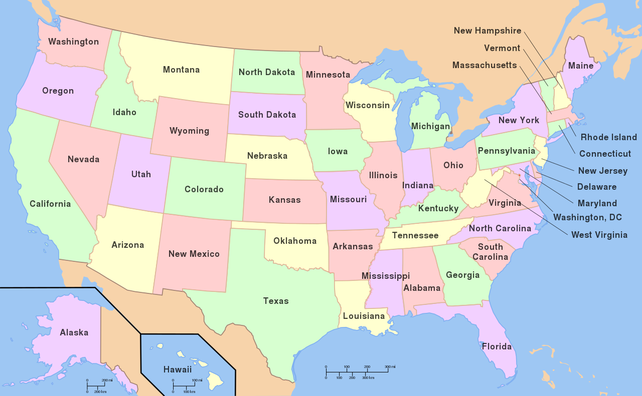 Map of the United States, showing the 50 states and the District of Columbia (DC)