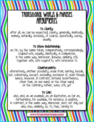 Transitions for Arguments Anchor Chart www.traceeorman.com