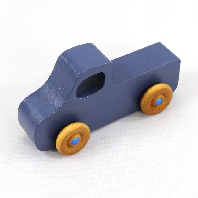 Handmade Wooden Toy Pickup Truck from the Play Pal Series Military Blue With Metallic Blue Hubs