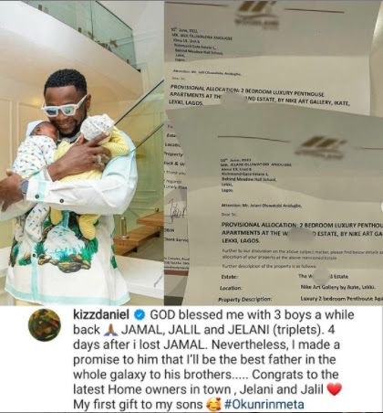 Kizz Daniel reveals he welcomed Triplets but Lost one as he buys his sons a New Apartment (Photos)