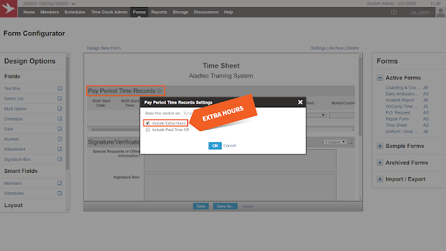 Include Extra Hours in the pay period time records settings on a form