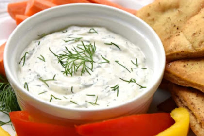 DREAMY DILL DIP WITH BAKED PITA WEDGES
