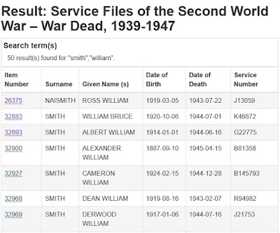 Partial screen capture from a search for William Smith in the Library and Archives Canada database "Service Files of the Second World War - War Dead, 1939-1947".