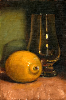 Oil painting of a lemon beside a Glencairn whisky glass.