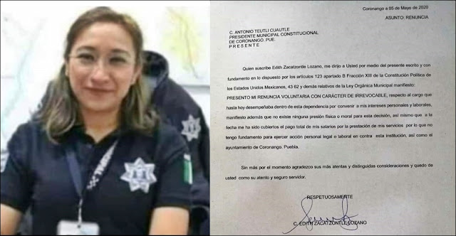 Edith Zacatzontle Lozano, Comisaría de Seguridad Pública en Coronango presuntamente renunció en Mayo