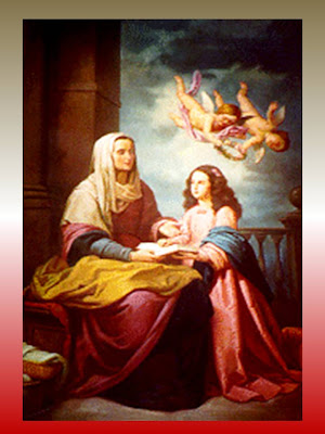 Imagen de Santa Ana sentada sosteniendo en su regazo un libro. A su lado la Virgen Niña leyendo el libro.