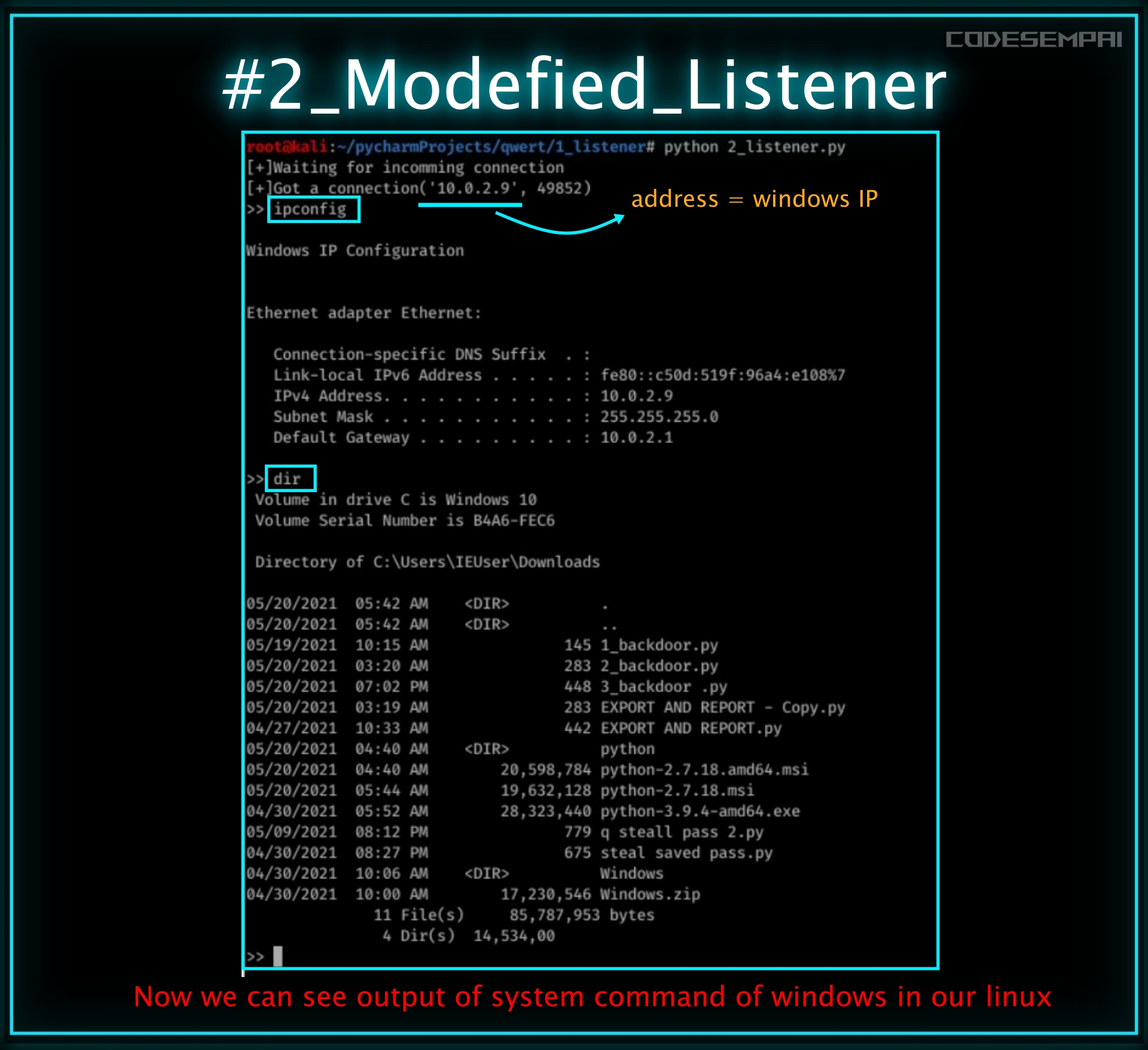 Backdoor 02 Writing a listener for backdoor using python CodeSempai