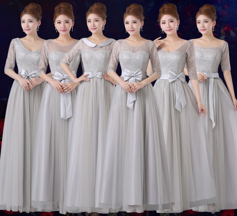 6-Design Half Sleeve Tutu Gray Lace Maxi Bridesmaid Dresses