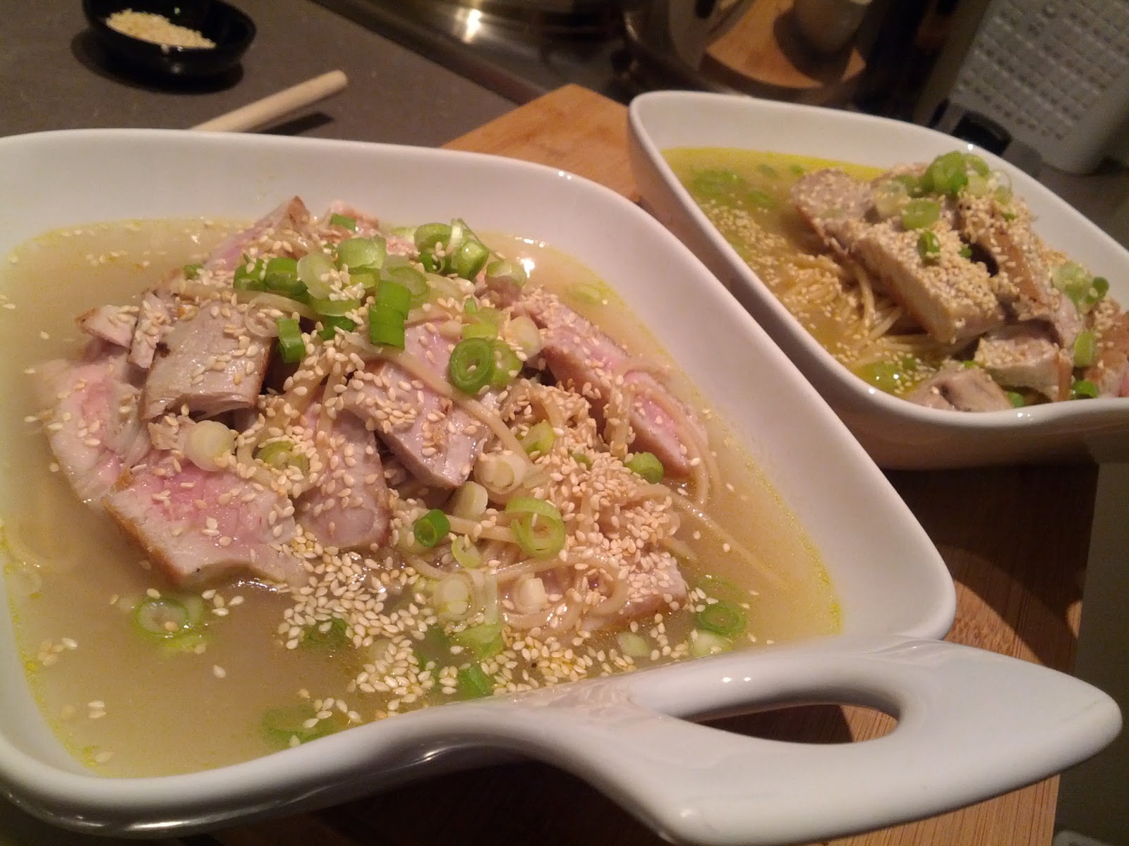 Seared Tuna Steaks with Green Tea Noodles & Ginger Broth