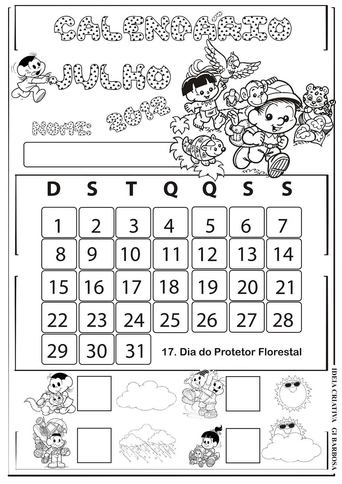 Blog da Paulinha Calendário de Julho para Crianças Blog da Paulinha Calendário de Julho para Crianças