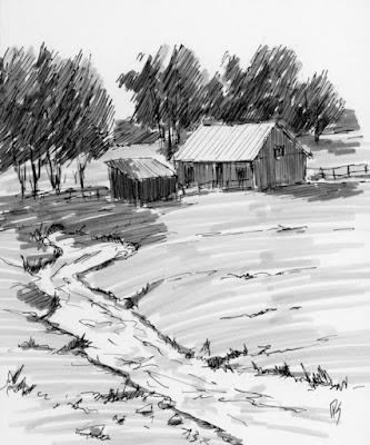 pen sketch rural farm barn countryside