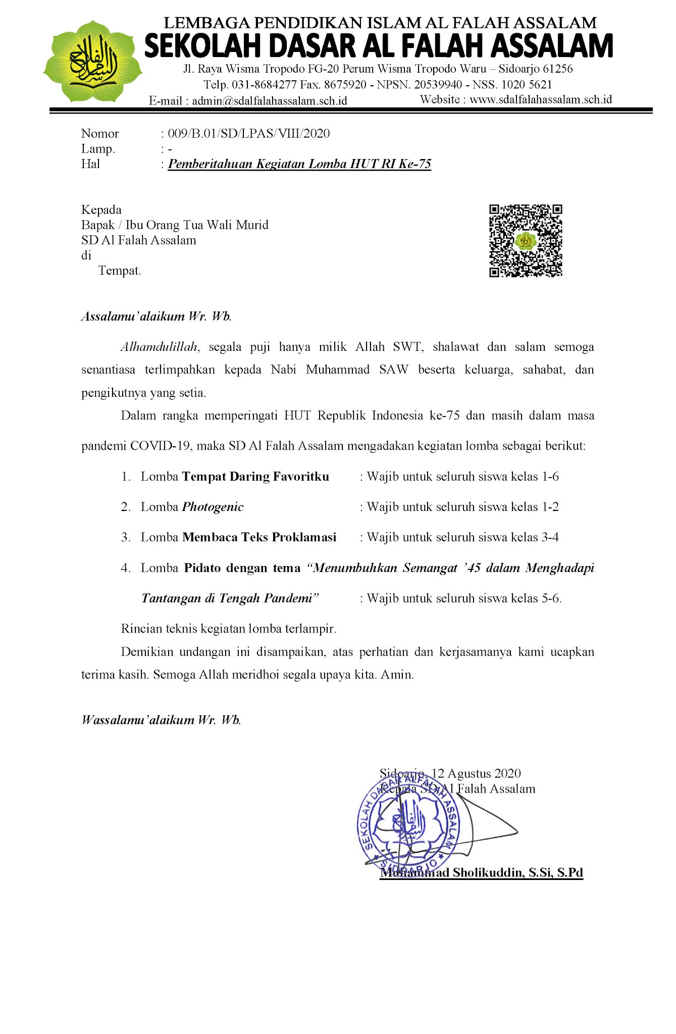 Surat Pemberitahuan Kegiatan Lomba Hut Ri Ke 75 Sd Al Falah Assalam